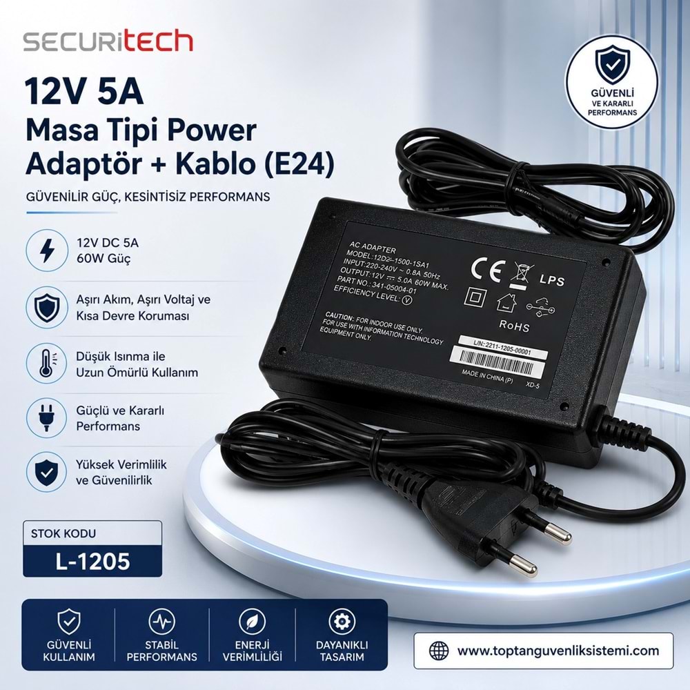 Liteon 12 Volt 5 Amper Masa Tipi Power Adaptör+Kablo(E24)