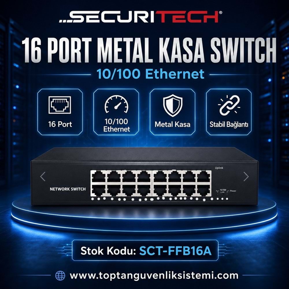 SECURITECH 16 PORT METAL KASA 10/100 ETHERNET SWITCH SCT-FFB16A (E22)