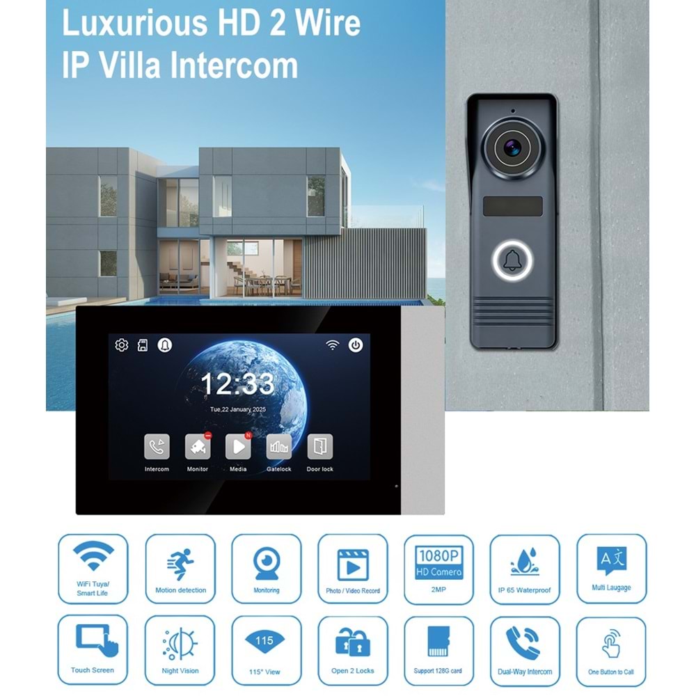 SECURITECH 2 TEL TUYA-SMART LİFE 7 INCH AKILLI İNTERKOM SETİ FAHRDS71+FHV1-2W