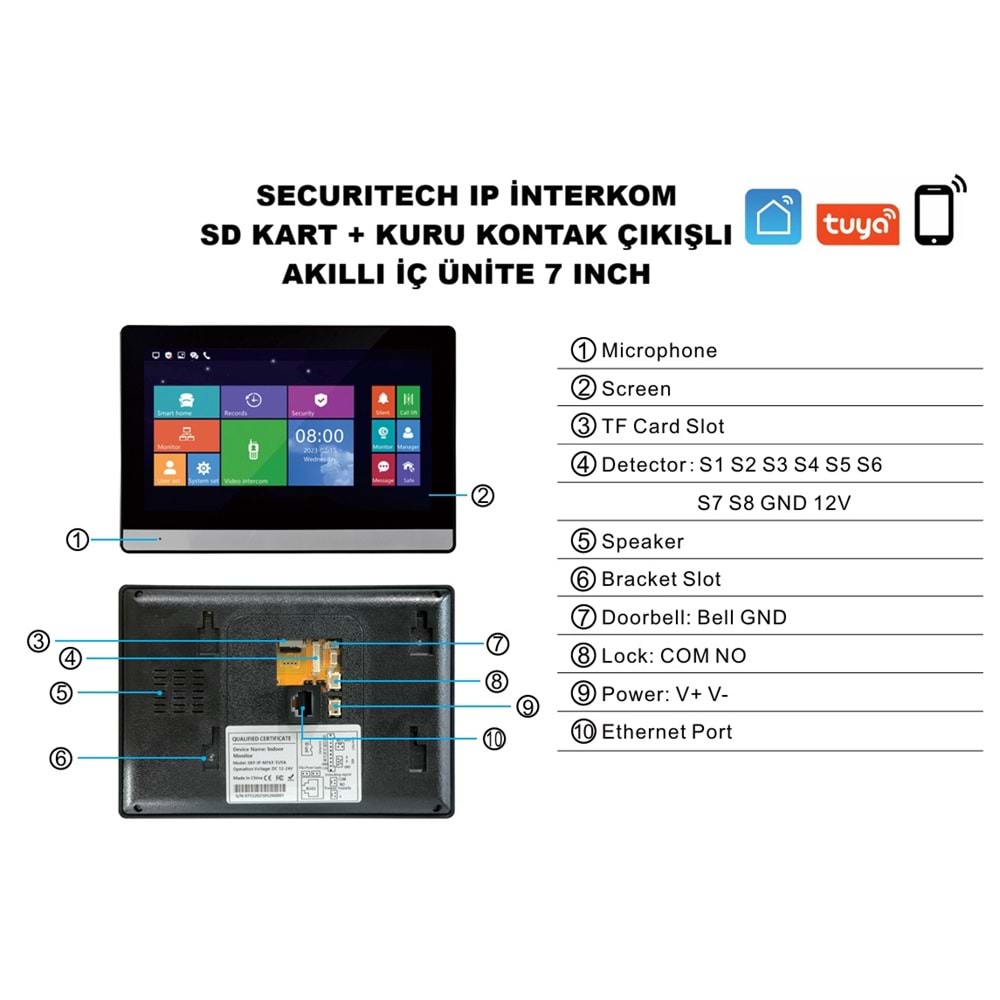 SECURITECH AKILLI TUYA İNTERKOM SD KART / COM-NC ÇIKIŞ 7 INCH İÇ ÜNİTE (APARTMAN)