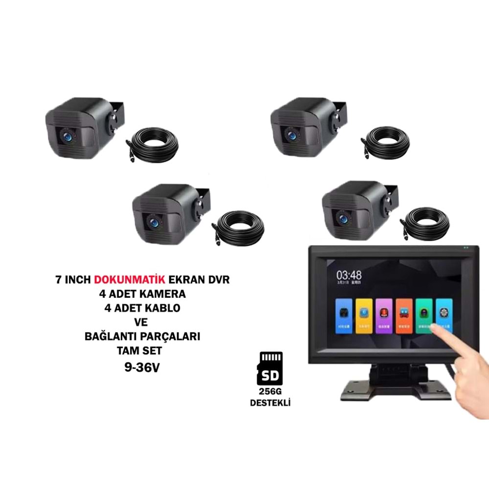 SECURITECH 4 KAMERA DOKUNMATIK 7 INCH EKRAN DVR ARAÇ KAMERASI SETİ 256G DEST.