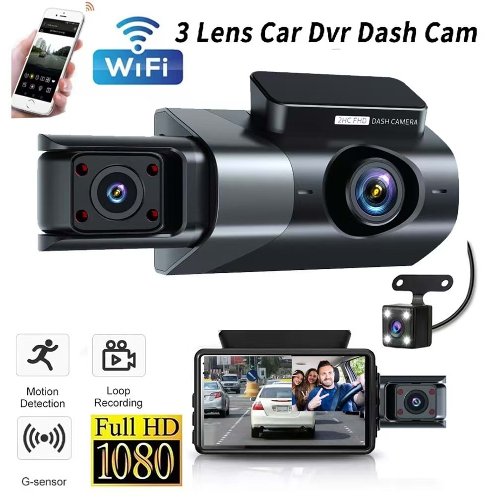 SECURITECH 128G DEST. 3LÜ WİFİ ÖZELLİKLİ ARAÇ KAMERASI (1080P+480P+480)(A37)(E27)
