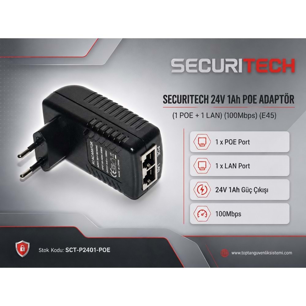 SECURITECH 24V 1Ah POE ADAPTÖR (1 POE + 1 LAN) (100Mbps)(E45)
