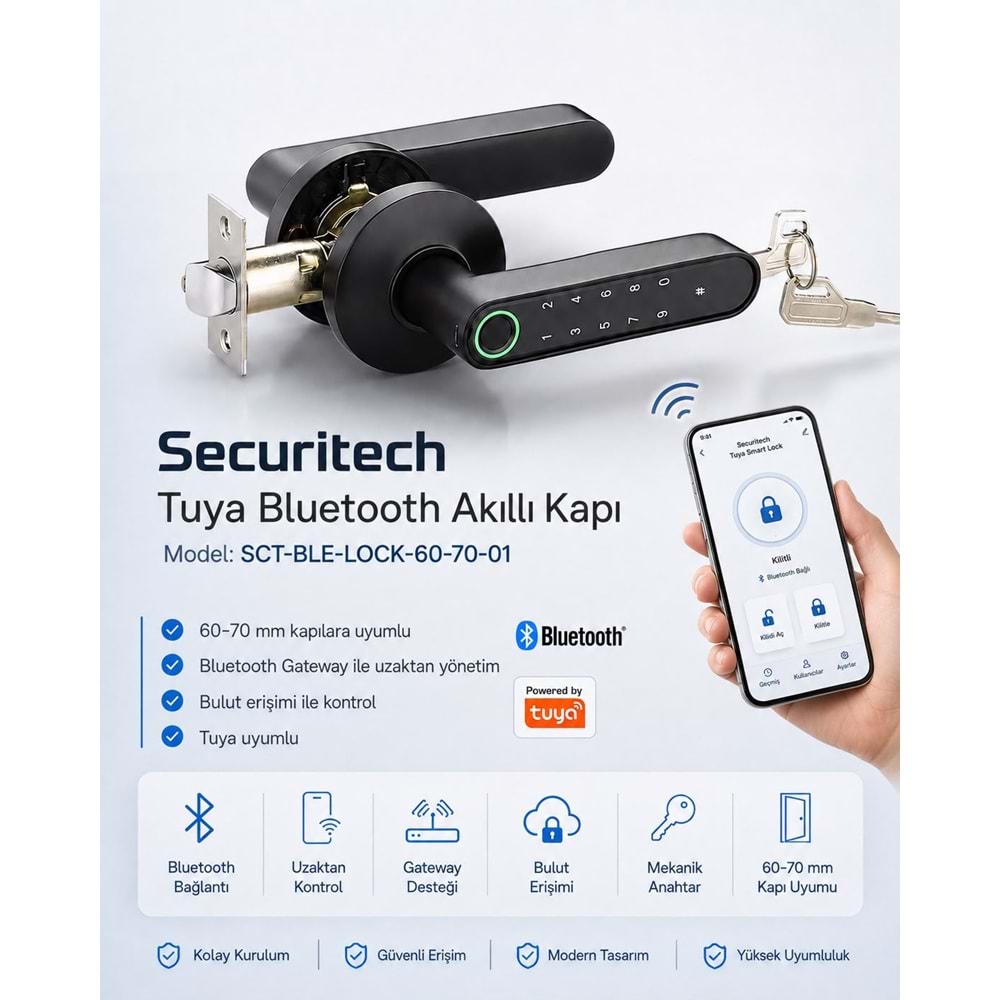 SECURITECH BLUETOOTH AKILLI KAPI KOLU KİLİT SETİ (AHŞAP-ALÜMİNYUM) TUYA-SMART LİFE