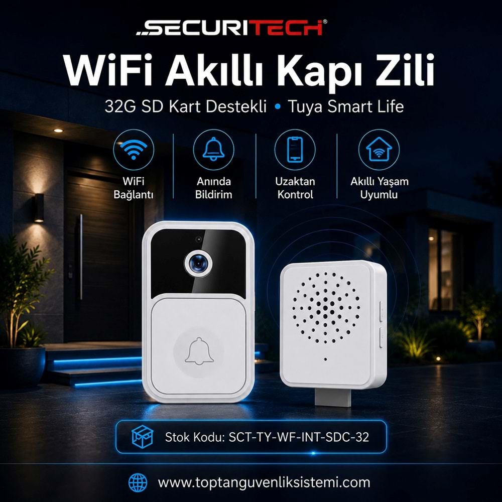 SECURITECH 32G SD KART DEST. WİFİ AKILLI KAPI ZİLİ İNTERKOM TUYA-SMART LİFE(E46)