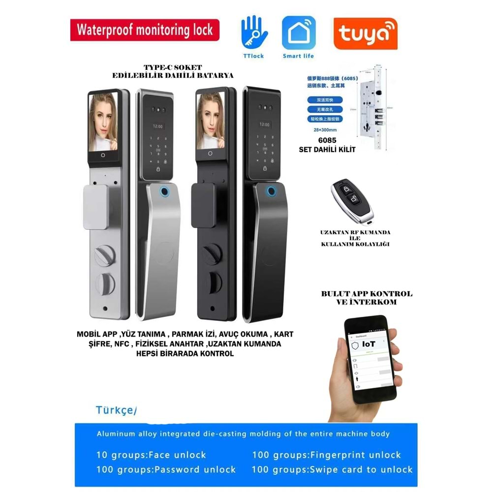 SECURITECH HP-01 6085 YÜZ-TANIMA-PARM.AVUÇ OKUMA ŞİFRE KART APP TUYA SMART LİFE AKILLI KİLİT SETİ