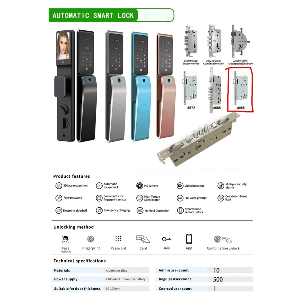 SECURITECH HP-01 6085 YÜZ-TANIMA-PARM.AVUÇ OKUMA ŞİFRE KART APP TUYA SMART LİFE AKILLI KİLİT SETİ