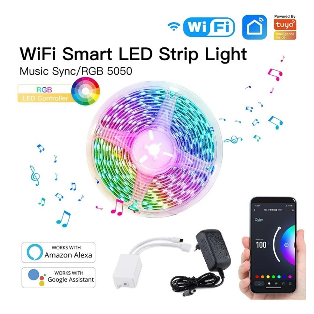 5MT WİFİ ŞERİT AKILLI LED + KONTROL MODÜLÜ+ADAPTÖR SET (TUYA-SMART LİFE)(E49)