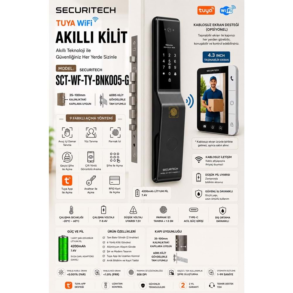 SECURITECH OUTDOOR BNK005 GRI AKILLI KİLİT SETİ (YÜZ TANIMA, PARMAK İZİ , TUYA WİFİ)