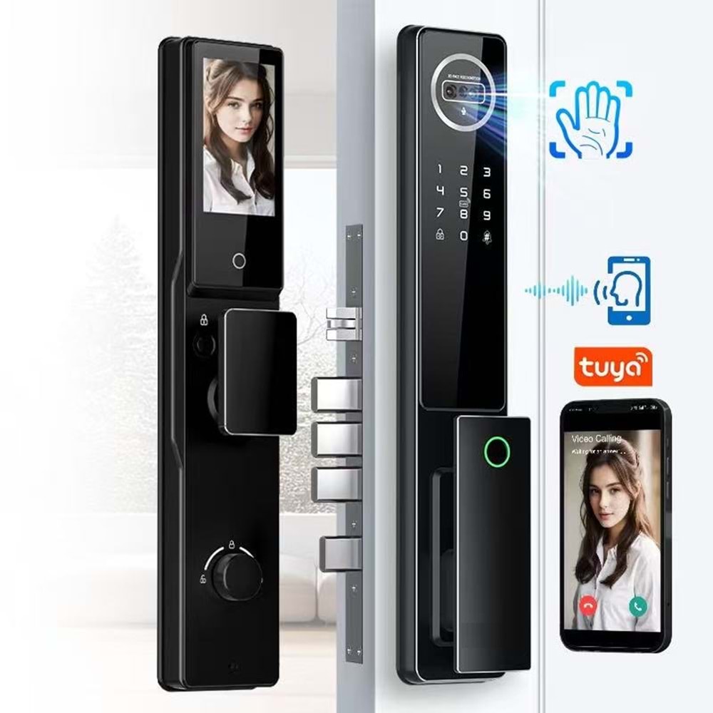 SECURITECH 6085 MOTORLU KİLİT YÜZ TANIMA , PARMAK İZİ, KART, TUYA SMART LİFE AKILLI KAPI KİLİT SETİ