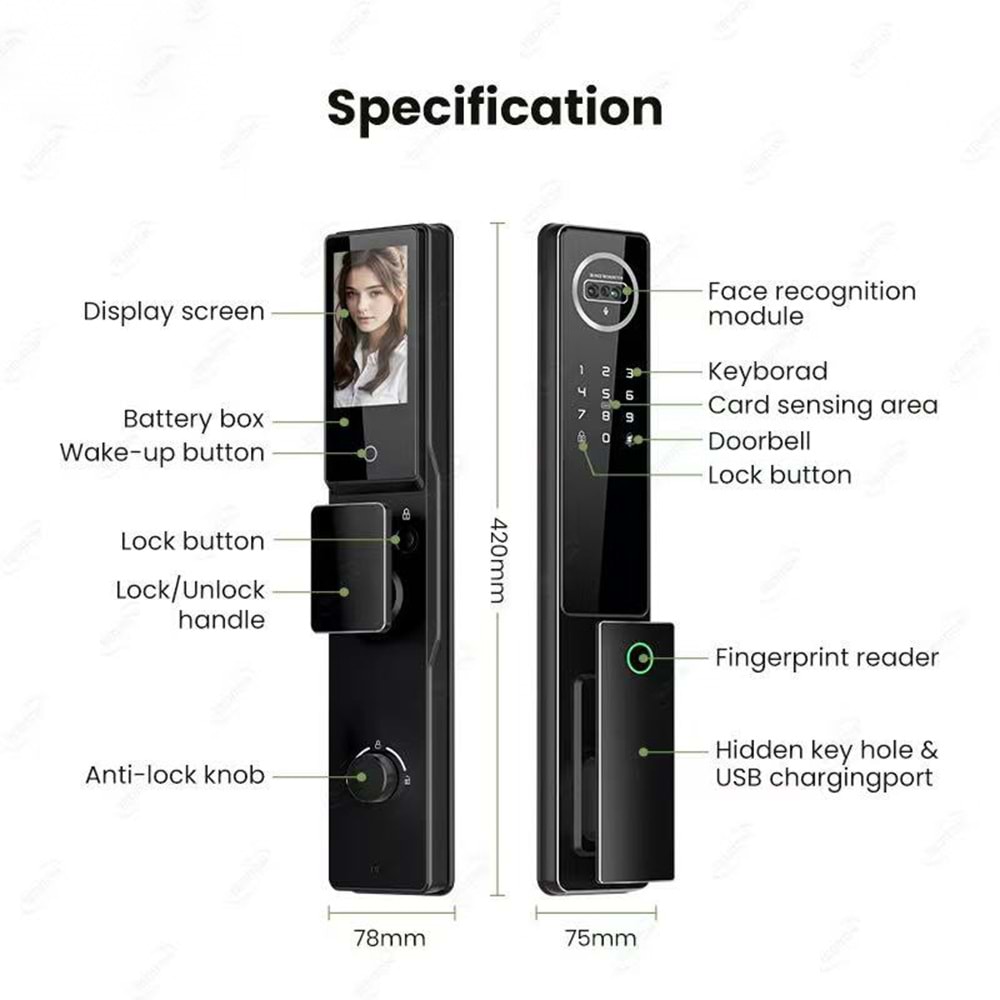 SECURITECH 6085 MOTORLU KİLİT YÜZ TANIMA , PARMAK İZİ, KART, TUYA SMART LİFE AKILLI KAPI KİLİT SETİ