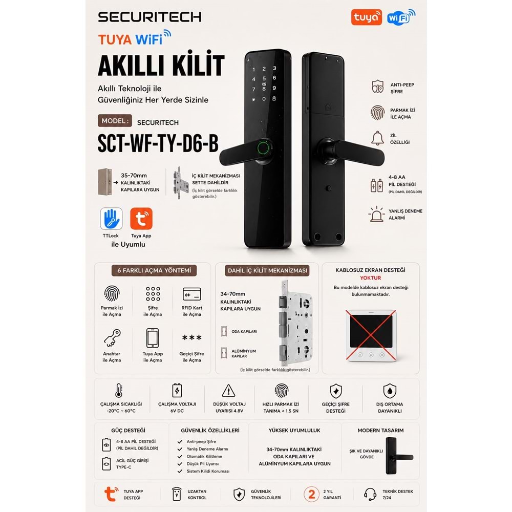 SECURITECH TUYA WİFİ D6 MODEL AKILLI KAPI KOLU KİLİT SETİ