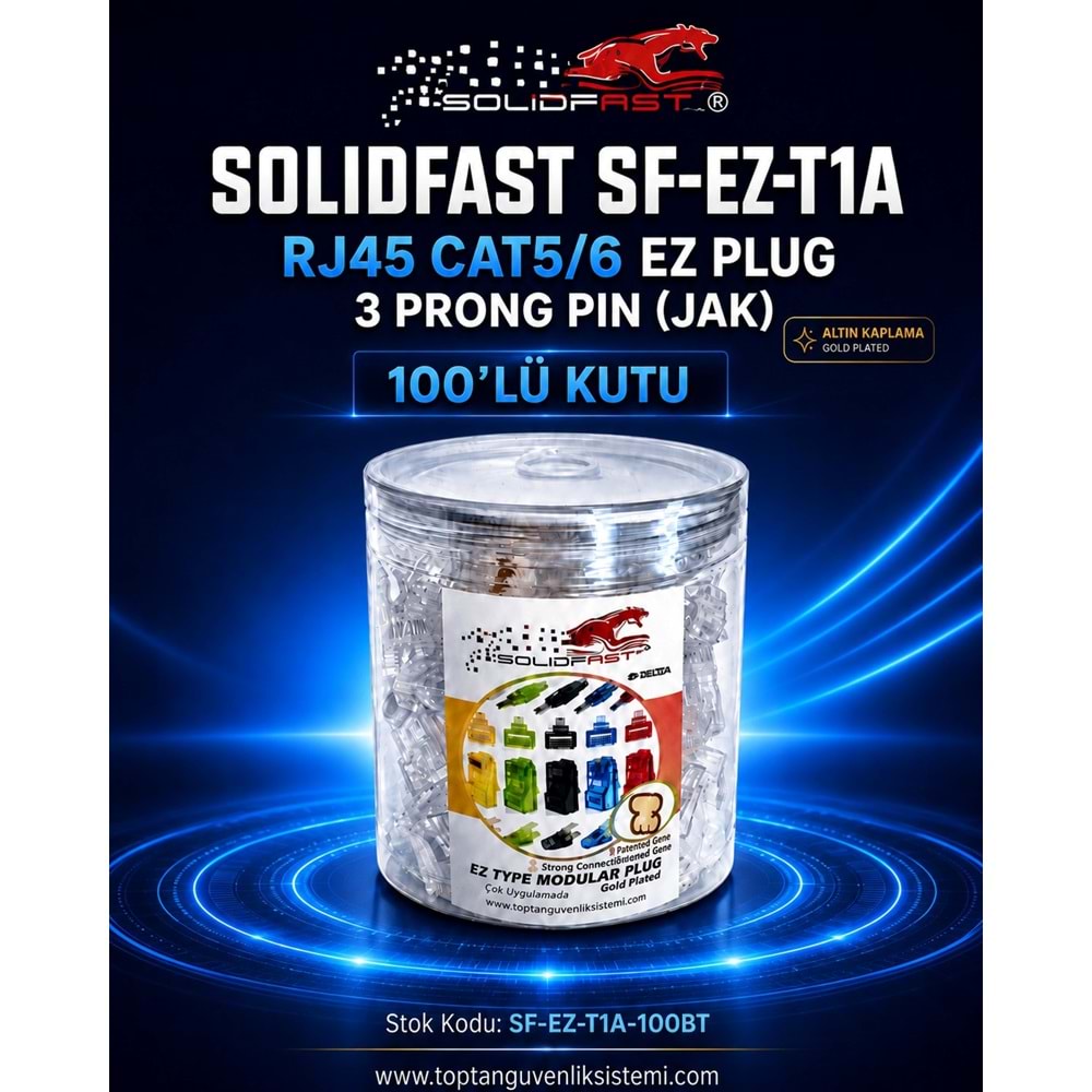 SOLIDFAST SF-EZ-T1A ALTIN. KAPL. RJ45 CAT5/6 EZ PLUG 3 PRONG PIN (JAK) 100 LÜ KUTU