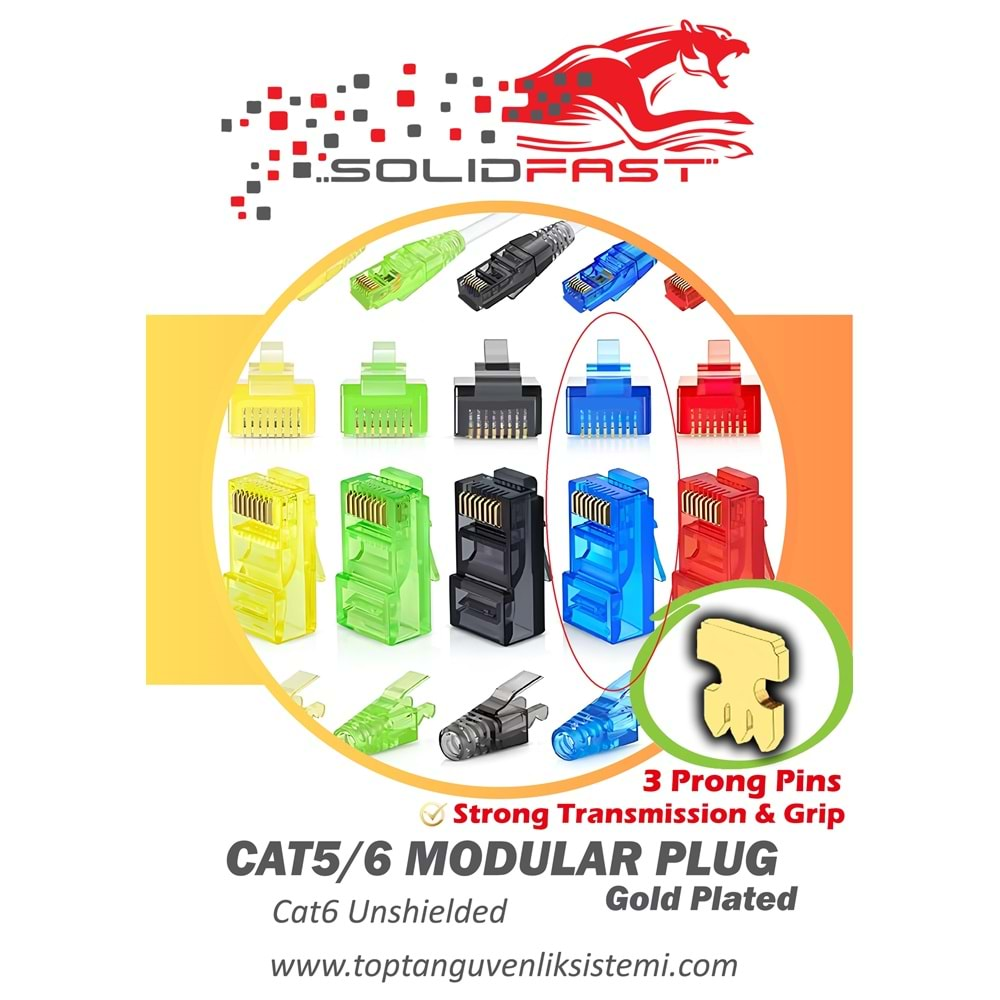 SOLIDFAST ALTIN K. RJ45 CAT6/CAT5 MODÜLER PLUG MAVİ 100 LÜ KUTU