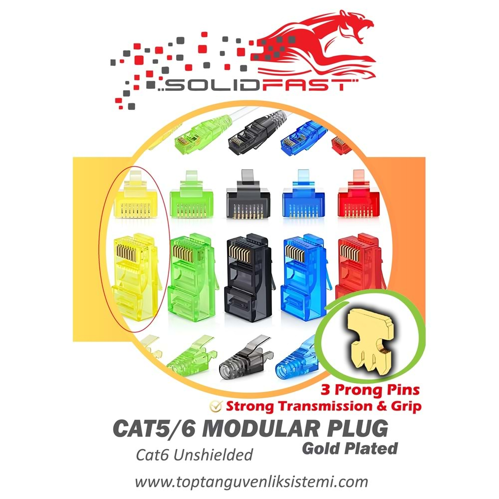 SOLIDFAST ALTIN K. RJ45 CAT6/CAT5 MODÜLER PLUG SARI 100 LÜ KUTU