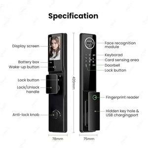 SECURITECH 6085 MOTORLU KİLİT YÜZ TANIMA , PARMAK İZİ, KART, TUYA SMART LİFE AKILLI KAPI KİLİT SETİ