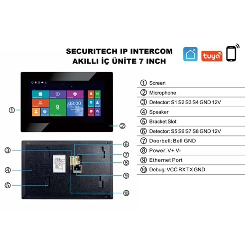 SECURITECH SİYAH IP AKILLI TUYA İNTERKOM 7 INCH İÇ ÜNİTE (APARTMAN M72T)