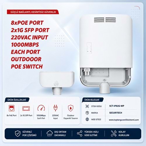 SECURITECH 8xPOE PORT + 2x2G SFP PORT 120W OUTDOOR 220VAC GİRİŞ POE SWITCH(A57)