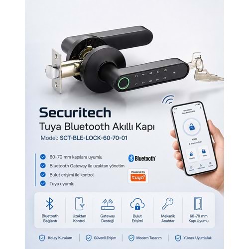 SECURITECH BLUETOOTH AKILLI KAPI KOLU KİLİT SETİ (AHŞAP-ALÜMİNYUM) TUYA-SMART LİFE
