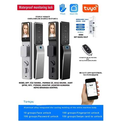 SECURITECH HP-01 6085 YÜZ-TANIMA-PARM.AVUÇ OKUMA ŞİFRE KART APP TUYA SMART LİFE AKILLI KİLİT SETİ