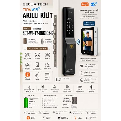 SECURITECH OUTDOOR BNK005 GRI AKILLI KİLİT SETİ (YÜZ TANIMA, PARMAK İZİ , TUYA WİFİ)