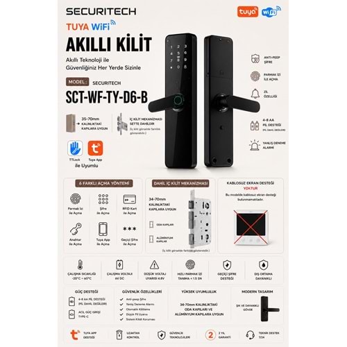 SECURITECH TUYA WİFİ D6 MODEL AKILLI KAPI KOLU KİLİT SETİ