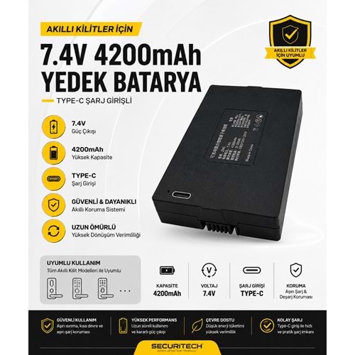 SECURITECH 7.4V 4200maH AKILLI KİLİT YEDEK PİL TYPE-C GİRİŞ (BATARYA)