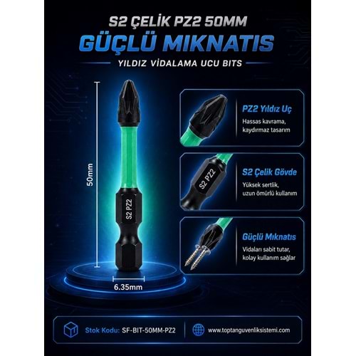 SOLIDFAST S2 ÇELİK PZ2 50MM GÜÇLÜ MIKNATIS YILDIZ VİDALAMA UCU BITS