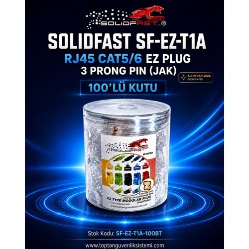 SOLIDFAST SF-EZ-T1A ALTIN. KAPL. RJ45 CAT5/6 EZ PLUG 3 PRONG PIN (JAK) 100 LÜ KUTU