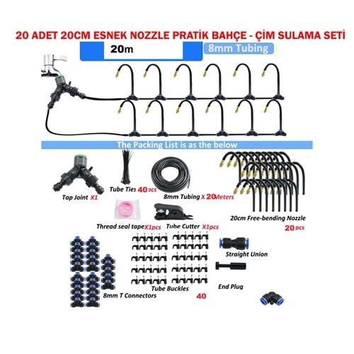 SOLIDFAST 20 ADET 20CM ESNEK NOZZLE 20M HORTUM PRATİK ÇİM, BAHÇE SULAMA SETİ
