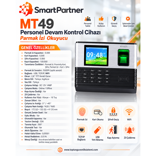 SMART PARTNER MT49 PARMAK İZİ , KART , ŞİFRE OKUYUCU LU GEÇİŞ KONTROL CİHAZI + ÜCRETSİZ SINIRLI YAZILIM