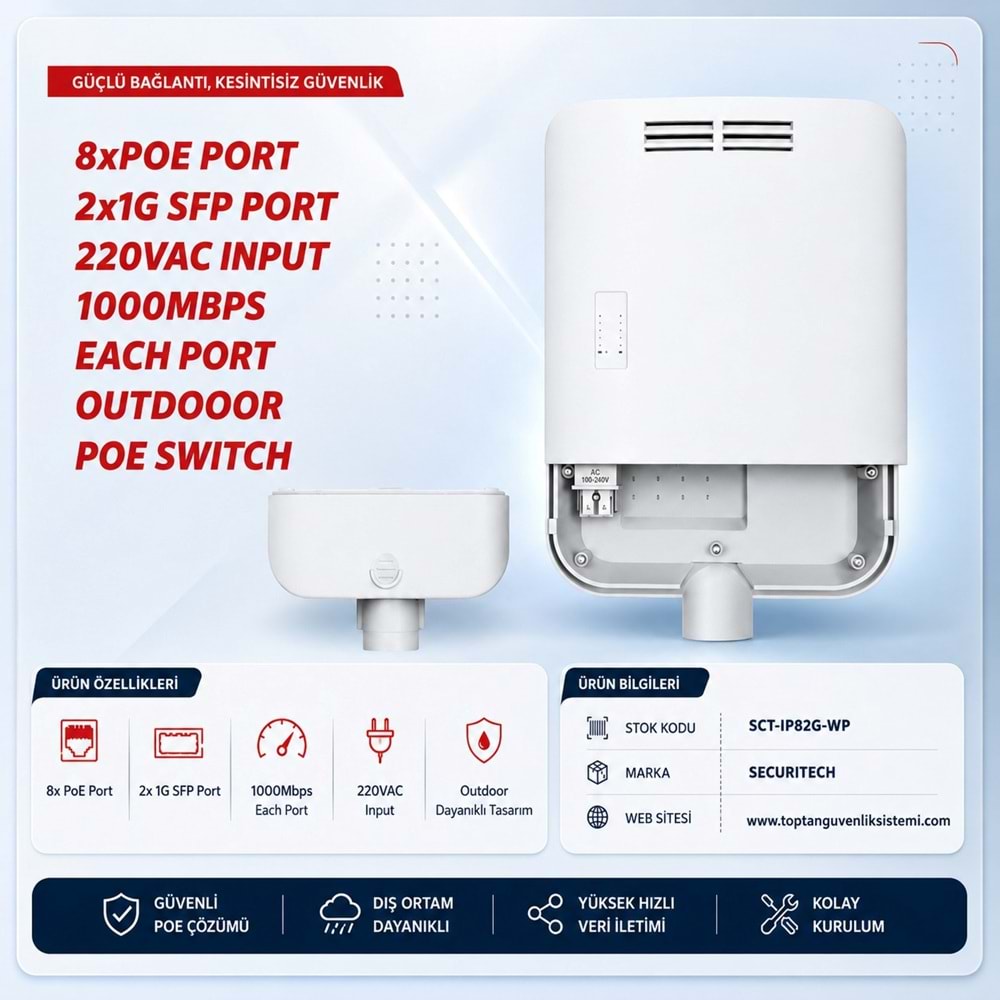 SECURITECH 8xPOE PORT + 2x2G SFP PORT 120W OUTDOOR 220VAC GİRİŞ POE SWITCH(A57)