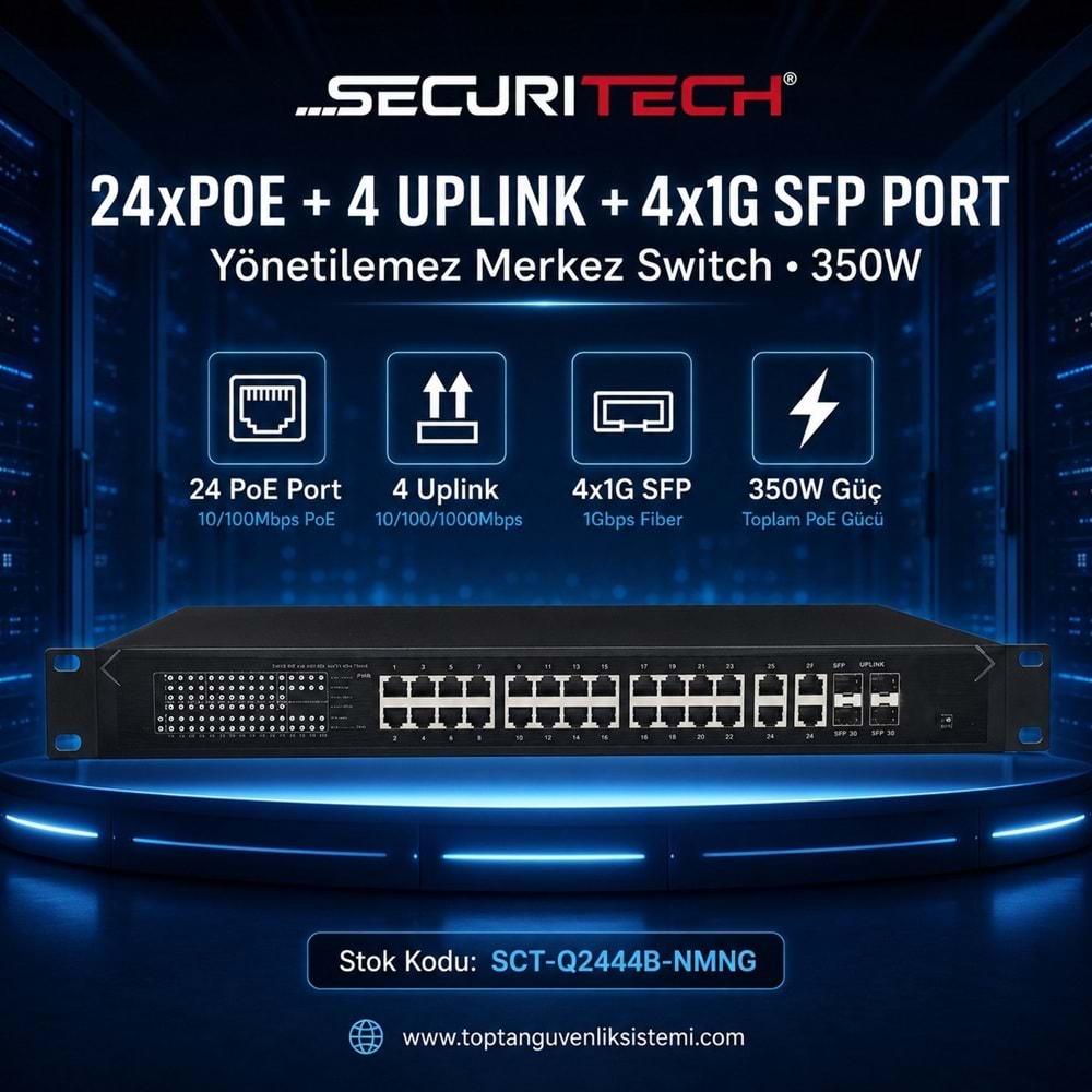 SECURITECH 24xPOE+4UPLINK+41G SFP PORT YÖNETİLEMEZ MERKEZ SWITCH 350W(E7)