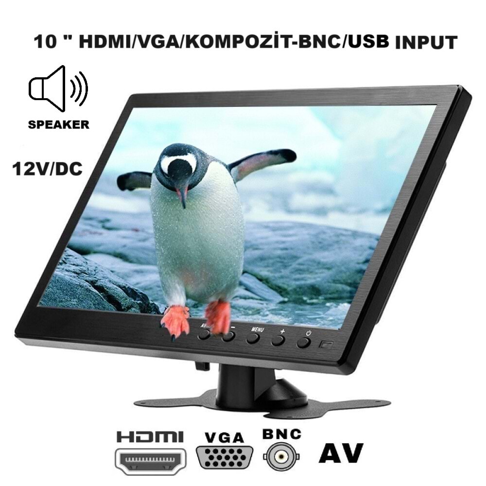 SECURITECH 10 INCH 12V HDMI/VGA/AV/BNC/USB INPUT SESLİ MONİTÖR