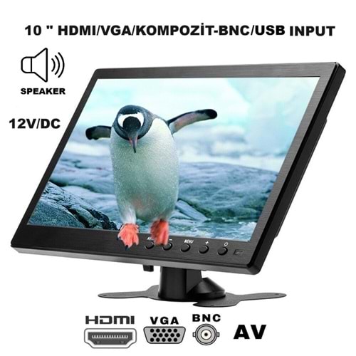 SECURITECH 10 INCH 12V HDMI/VGA/AV/BNC/USB INPUT SESLİ MONİTÖR