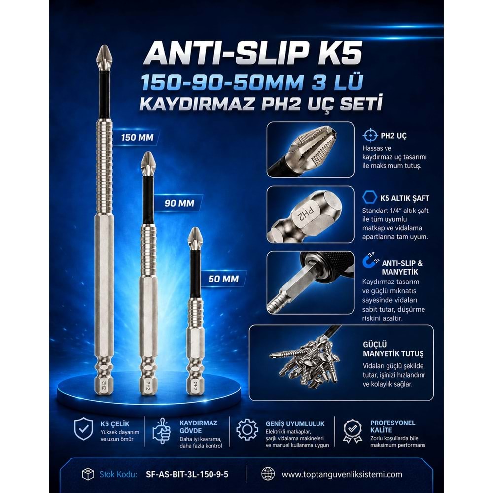 SOLIDFAST ANTI-SLIP K5 150-90-50MM 3 LÜ KAYDIRMAZ PH2 UÇ SETİ