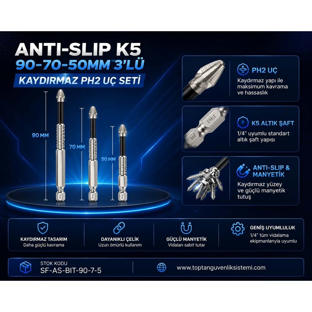 SOLIDFAST ANTI-SLIP K5 90-70-50MM 3 LÜ KAYDIRMAZ PH2 UÇ SETİ