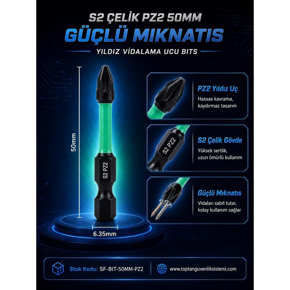 SOLIDFAST S2 ÇELİK PZ2 50MM GÜÇLÜ MIKNATIS YILDIZ VİDALAMA UCU BITS