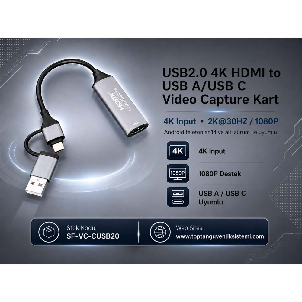 SOLIDFAST USB2.0 4K HDMI to USB A/USB C Video CAPTURE KART 4K Input and 2K@30HZ/1080P ANDROİD TELEFONLAR 14 VE ALTI SÜRÜM(A51)(A55)